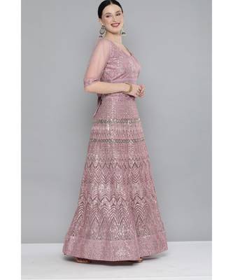 Kvsfab Pink Net Sequinned and Embroidered Semi-Stitched Lehenga & Unstitched Blouse With Dupatta 3