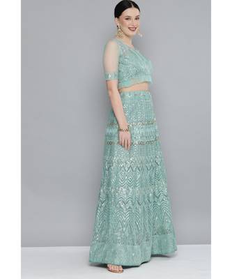 Kvsfab Green & Silver-Toned Embellished Sequinned Semi-Stitched Lehenga & Unstitched Blouse With Dupatta 3