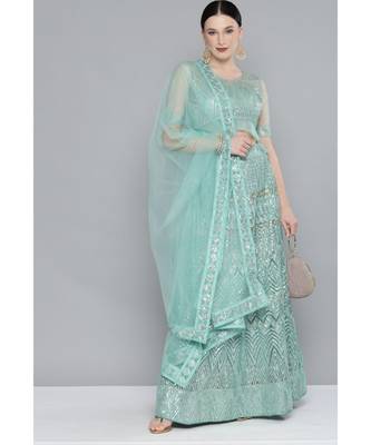 Kvsfab Green & Silver-Toned Embellished Sequinned Semi-Stitched Lehenga & Unstitched Blouse With Dupatta 5
