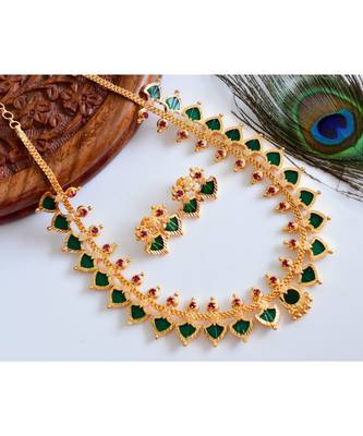 Beautiful Gold Tone Pink Green Palakka Designer Necklace Set 1