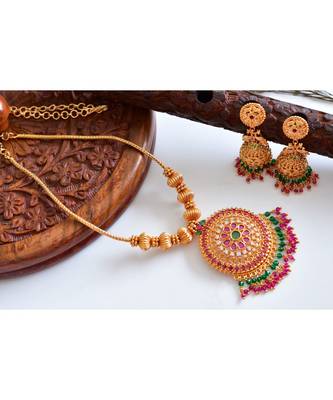 Beautiful Gold Tone Cz Pink Green Peacock Designer Necklace Set 1