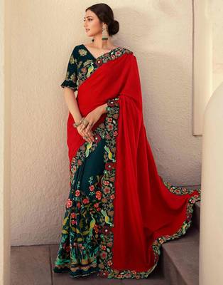 Red embroidered georgette saree with blouse 1