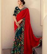 Red embroidered georgette saree with blouse