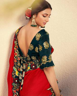Red embroidered georgette saree with blouse 2