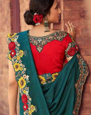 Teal embroidered georgette saree with blouse 2