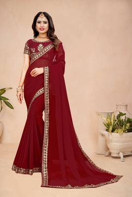 Maroon embroidered georgette saree with blouse 1