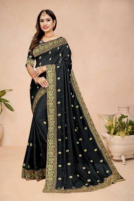 Black embroidered

 silk saree with blouse 4