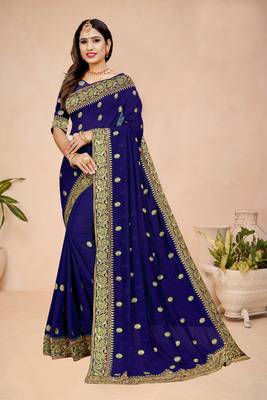 Blue embroidered
 silk saree with blouse 4