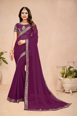 Purple embroidered georgette saree with blouse 5