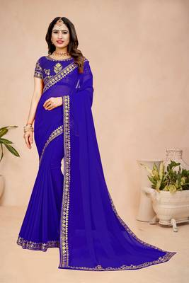 Royal blue embroidered georgette saree with blouse 5