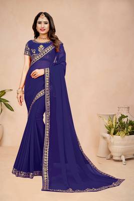 Blue embroidered georgette saree with blouse 1