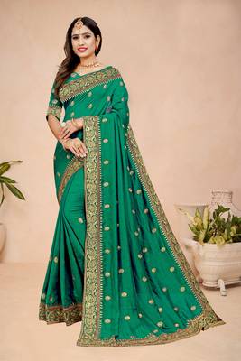 Green embroidered
 silk saree with blouse 1