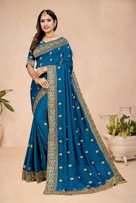 Blue embroidered
 silk saree with blouse 4