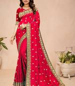 Red embroidered silk saree with blouse