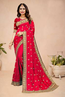 Red embroidered silk saree with blouse 2