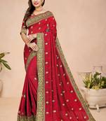 Red embroidered silk saree with blouse