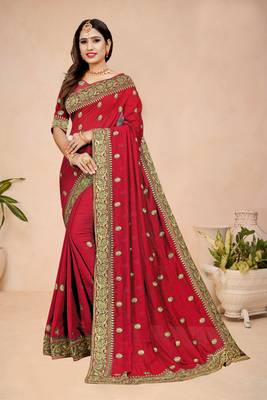 Red embroidered silk saree with blouse 3