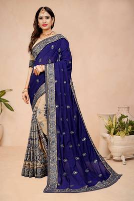 Blue embroidered silk saree with blouse 5