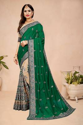 Green embroidered silk saree with blouse 4