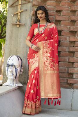 Red woven banarasi saree with blouse 1