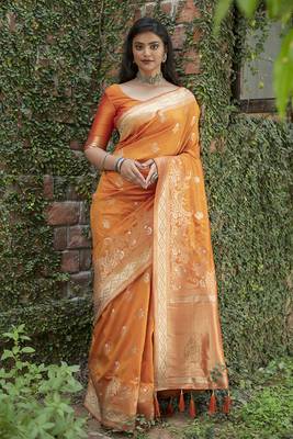 Orange woven banarasi saree with blouse 1