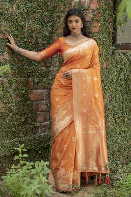 Orange woven banarasi saree with blouse 2