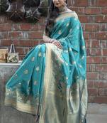 Turquoise woven banarasi saree with blouse