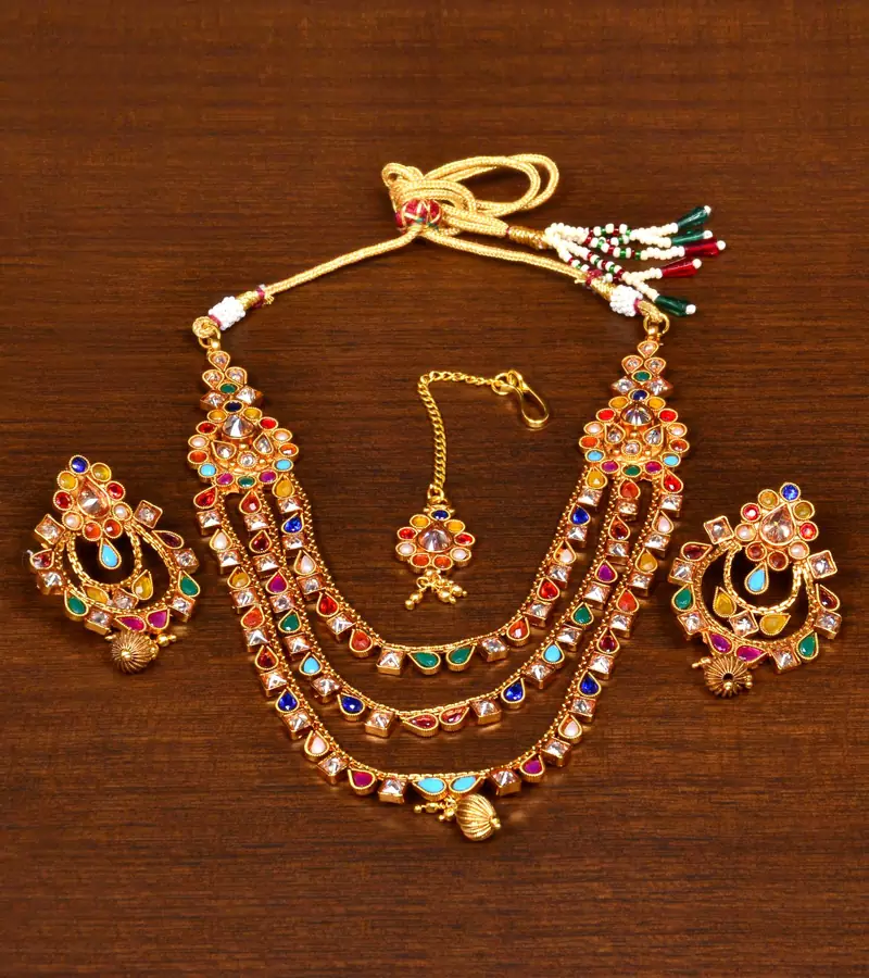 Kundan and Multi Stone Embellished Gheru Look Designer Necklace FNN275