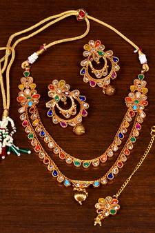 Kundan and Multi Stone Embellished Gheru Look Designer Necklace FNN276
