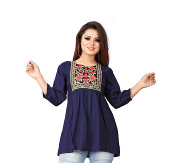 Blue printed viscose rayon party-tops 1
