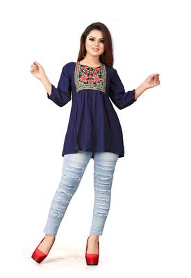 Blue printed viscose rayon party-tops 3