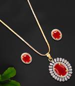 American Diamond Ruby Colored Pendant Set With Free Chain