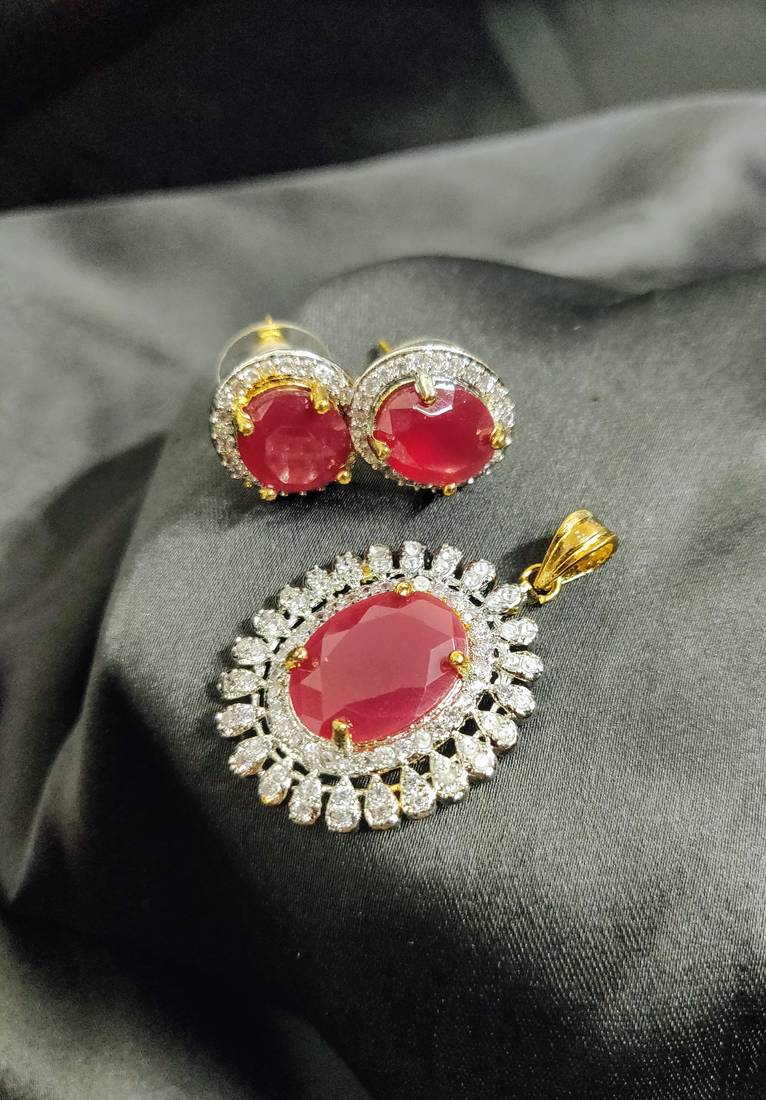 American Diamond Ruby Colored Pendant Set With Free Chain