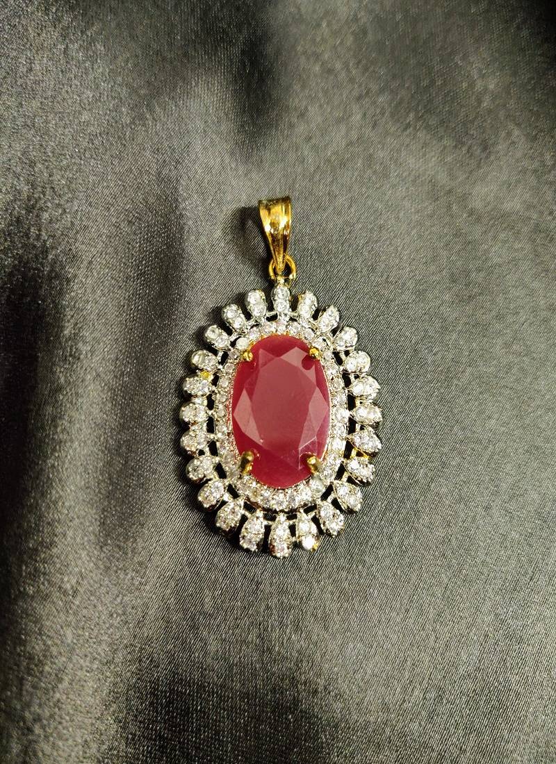 American Diamond Ruby Colored Pendant Set With Free Chain