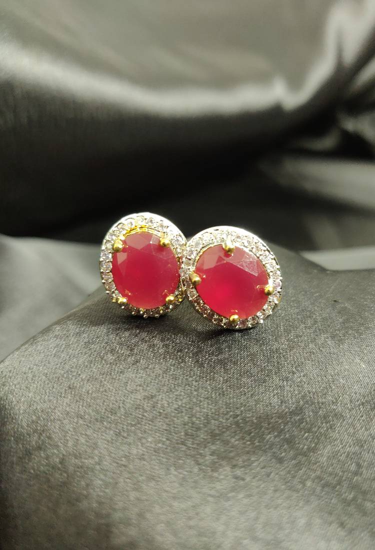 American Diamond Ruby Colored Pendant Set With Free Chain