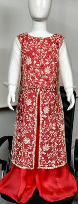 Scarlet - Heavy Lucknowi Work Fabric 3/4th Sleeves Jacket-Choli Style with Palazzo and Net Dupatta for Girl Kids 1