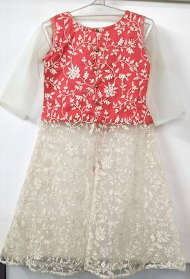 Scarlet - Heavy Lucknowi Work Fabric 3/4th Sleeves Jacket-Choli Style with Palazzo and Net Dupatta for Girl Kids 2