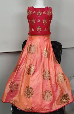 Cherry/Orange - Gold Block Print Circular Cut Lehenga with Jari Embroidered Choli & Net Dupatta for Girl Kids 1
