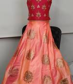Cherry/Orange - Gold Block Print Circular Cut Lehenga with Jari Embroidered Choli & Net Dupatta for Girl Kids