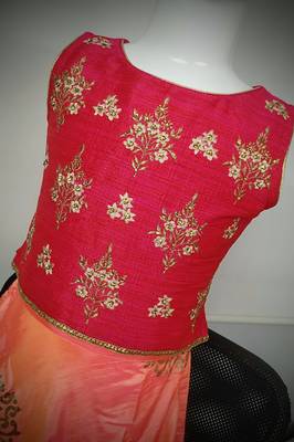 Cherry/Orange - Gold Block Print Circular Cut Lehenga with Jari Embroidered Choli & Net Dupatta for Girl Kids 2