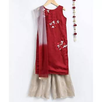 Maroon/Fawn - Embroidered A-line Kurta with Palazzo & Net Dupatta for Girl Kids 1