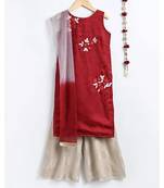 Maroon/Fawn - Embroidered A-line Kurta with Palazzo & Net Dupatta for Girl Kids