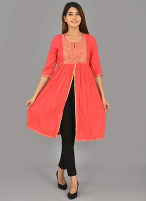 Aurish Pink Embroidery Frontslit Kurti 2