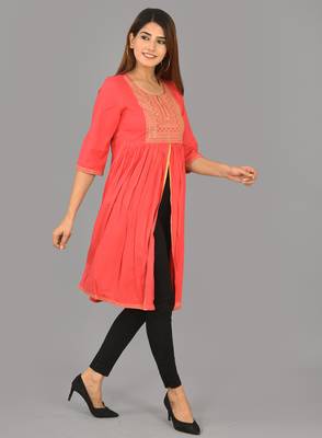 Aurish Pink Embroidery Frontslit Kurti 4