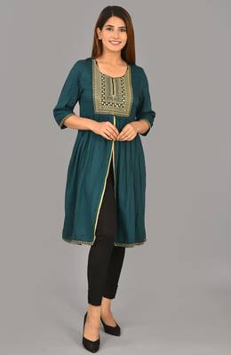 Aurish Green Embroidery Frontslit Kurti 1
