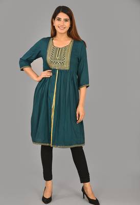 Aurish Green Embroidery Frontslit Kurti 3