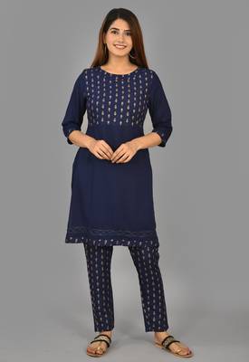 Royal Blue Print and Solid Kurta and Pant Set  1