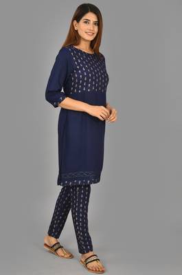Royal Blue Print and Solid Kurta and Pant Set  3