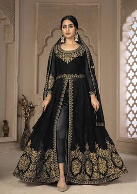 Black Color Front Slit Style Embroidered Faux georgette Anarkali Pants Salwar Suit 1