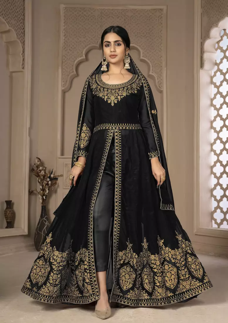 Black Color Front Slit Style Embroidered Faux georgette Anarkali Pants Salwar Suit